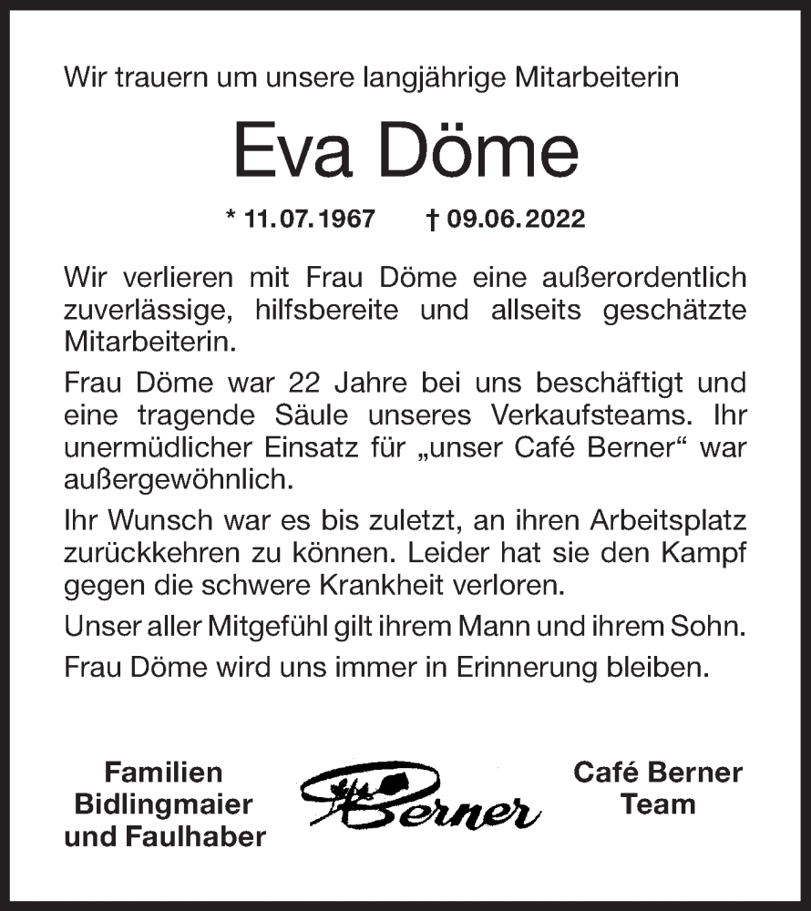  Traueranzeige für Eva Döme vom 20.06.2022 aus NWZ Neue Württembergische Zeitung