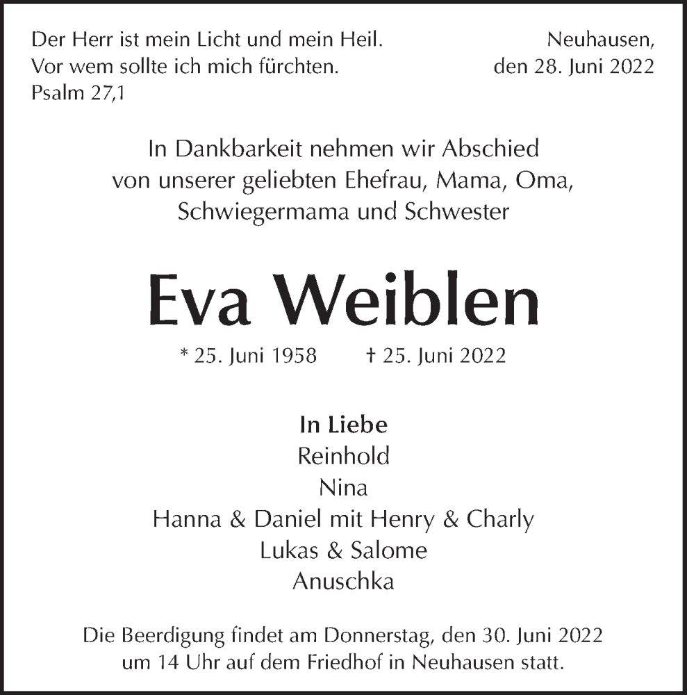  Traueranzeige für Eva Weiblen vom 28.06.2022 aus Metzinger-Uracher Volksblatt