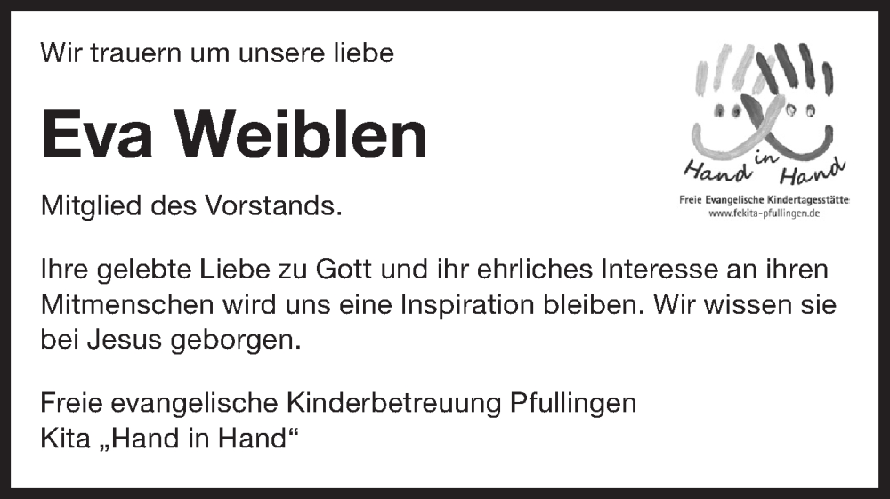  Traueranzeige für Eva Weiblen vom 01.07.2022 aus Metzinger-Uracher Volksblatt