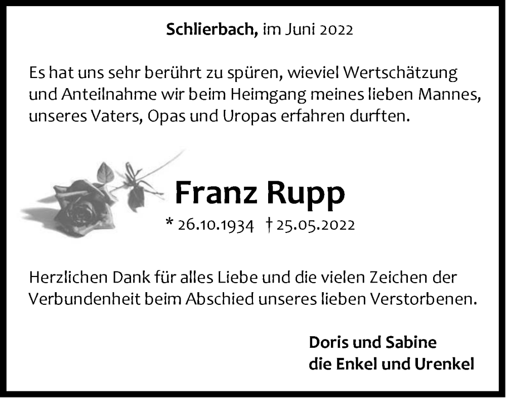  Traueranzeige für Franz Rupp vom 10.06.2022 aus NWZ Neue Württembergische Zeitung