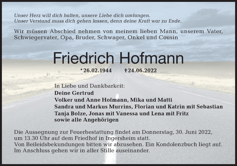  Traueranzeige für Friedrich Hofmann vom 28.06.2022 aus Hohenloher Tagblatt