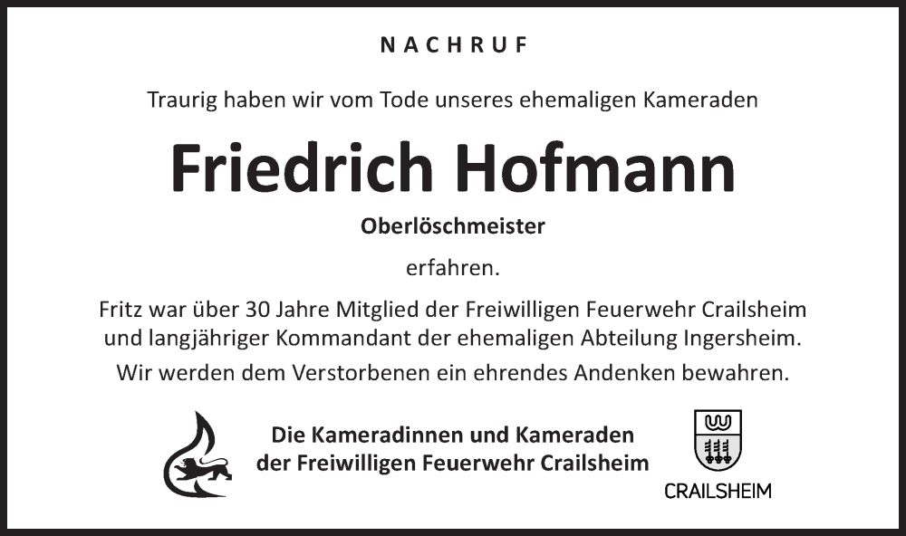  Traueranzeige für Friedrich Hofmann vom 01.07.2022 aus Hohenloher Tagblatt