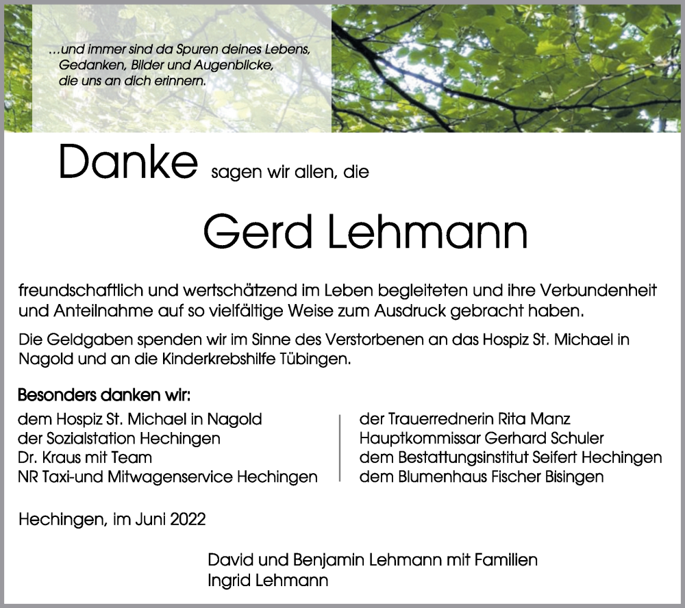  Traueranzeige für Gerd Lehmann vom 11.06.2022 aus Metzinger-Uracher Volksblatt