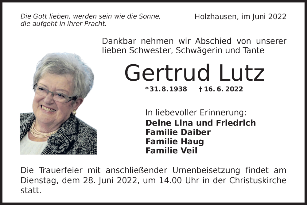  Traueranzeige für Gertrud Lutz vom 23.06.2022 aus NWZ Neue Württembergische Zeitung