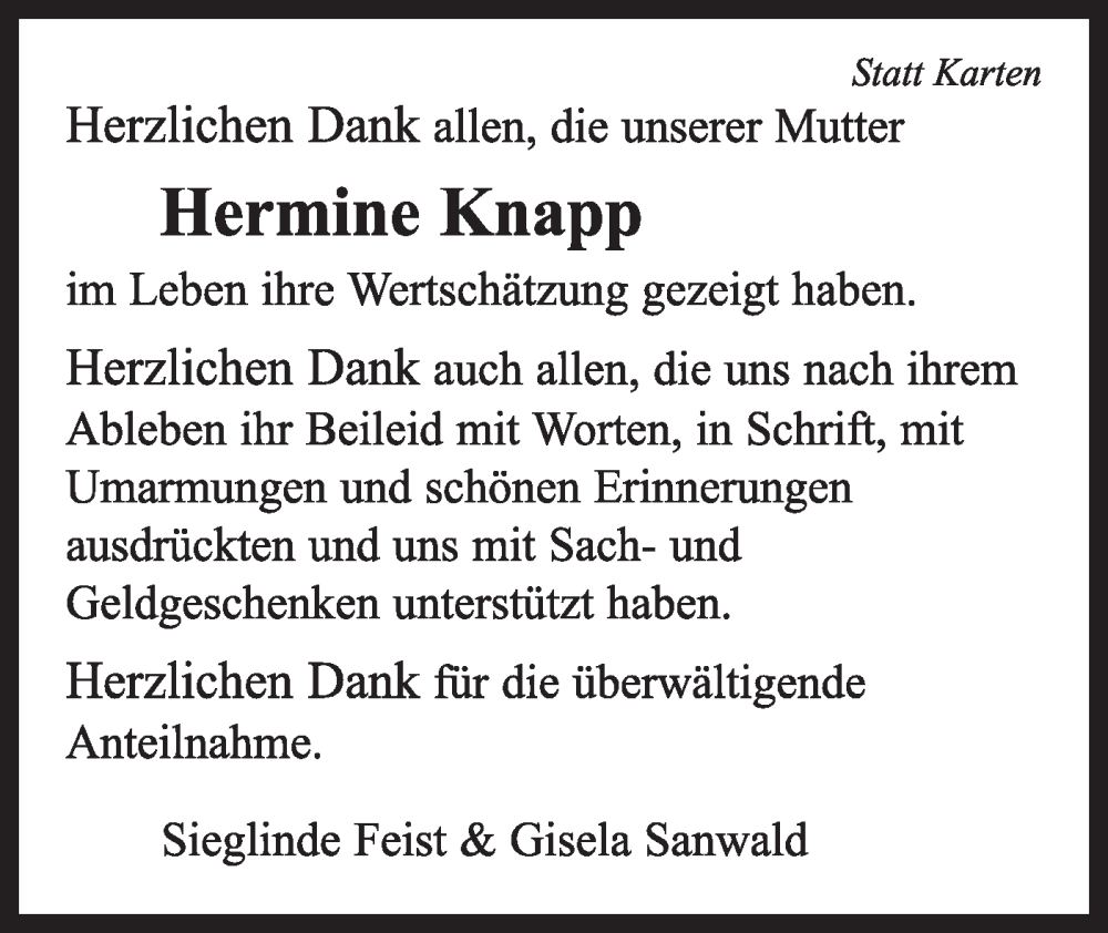  Traueranzeige für Hermine Knapp vom 11.06.2022 aus Haller Tagblatt