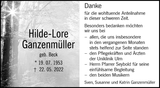 Traueranzeige von Hilde-Lore Ganzenmüller von Alb-Bote/Metzinger-Uracher Volksblatt