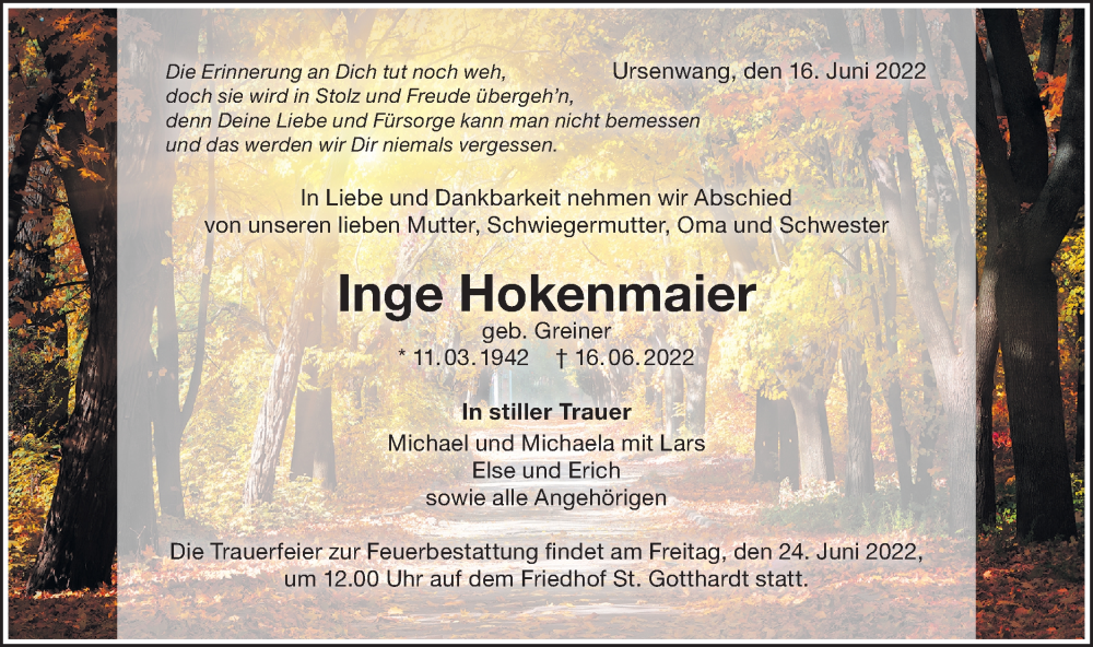  Traueranzeige für Inge Hokenmaier vom 18.06.2022 aus NWZ Neue Württembergische Zeitung