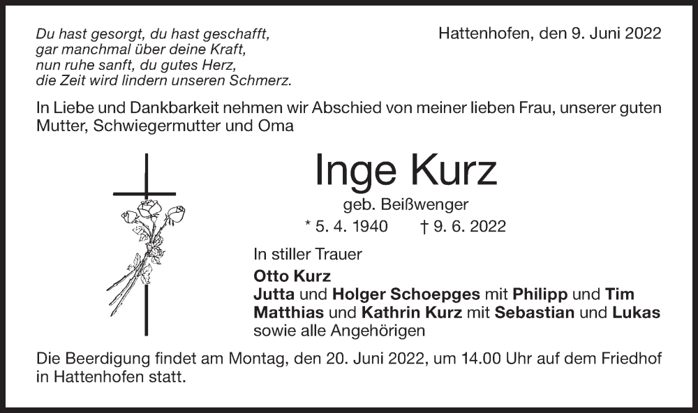  Traueranzeige für Inge Kurz vom 11.06.2022 aus NWZ Neue Württembergische Zeitung