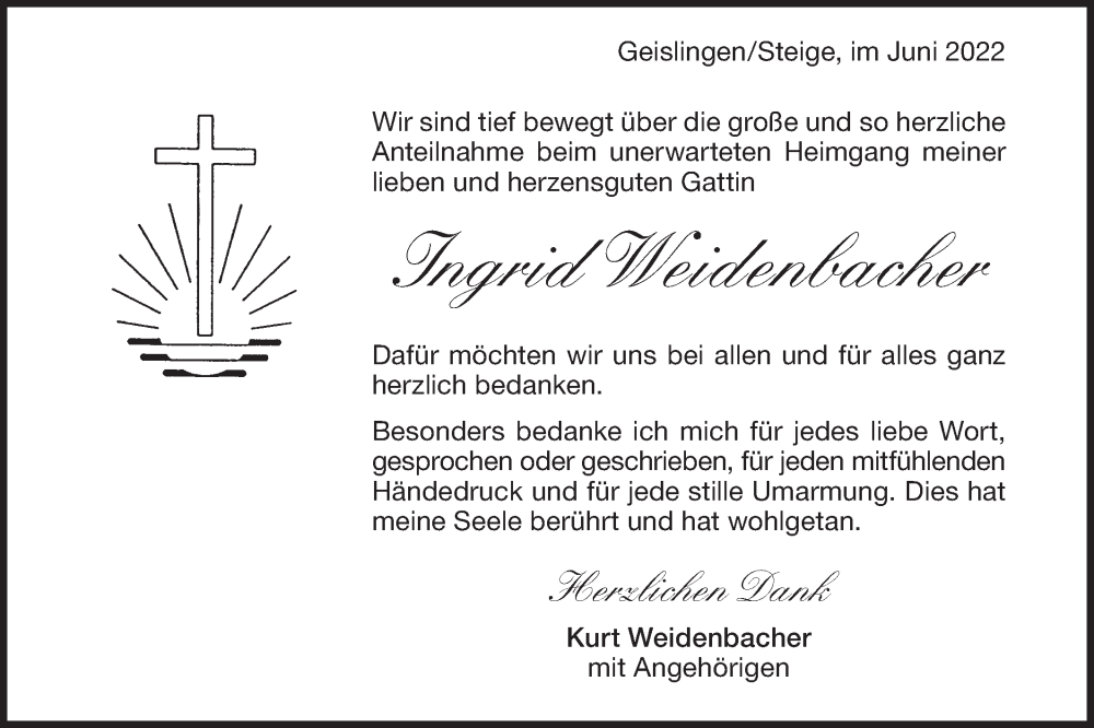 Traueranzeige für Ingrid Weidenbacher vom 18.06.2022 aus Geislinger Zeitung