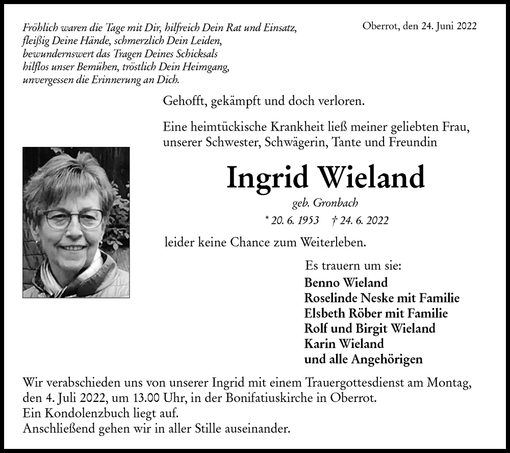  Traueranzeige für Ingrid Wieland vom 30.06.2022 aus Haller Tagblatt