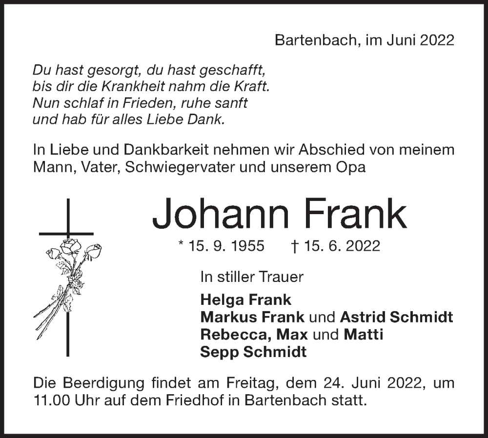 Traueranzeige für Johann Frank vom 22.06.2022 aus NWZ Neue Württembergische Zeitung