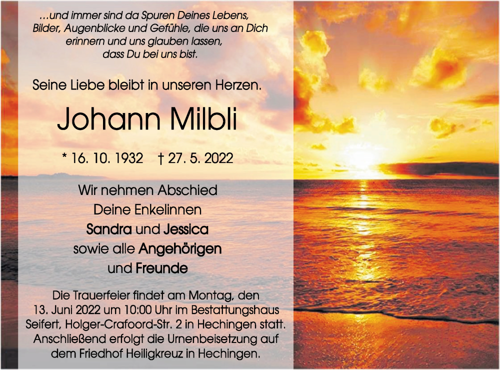 Traueranzeige für Johann Milbli vom 11.06.2022 aus Metzinger-Uracher Volksblatt
