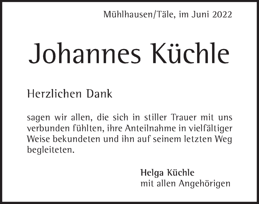  Traueranzeige für Johannes Küchle vom 10.06.2022 aus Geislinger Zeitung