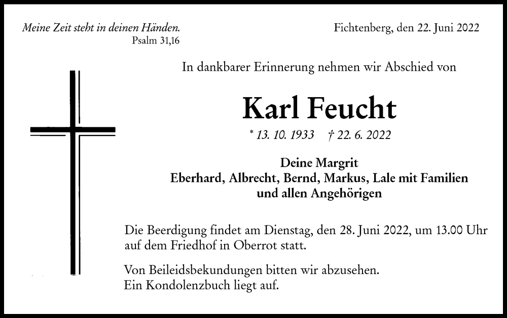  Traueranzeige für Karl Feucht vom 25.06.2022 aus Rundschau Gaildorf