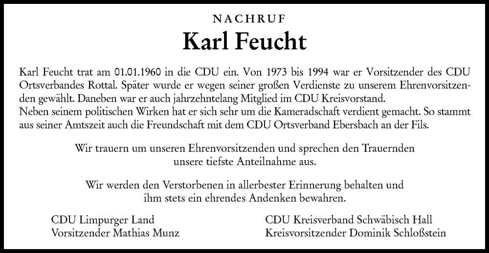  Traueranzeige für Karl Feucht vom 29.06.2022 aus Rundschau Gaildorf