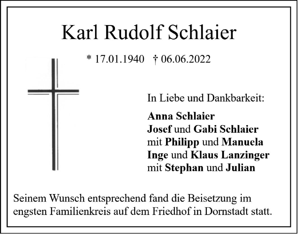  Traueranzeige für Karl Rudolf Schlaier vom 23.06.2022 aus SÜDWEST PRESSE Ausgabe Ulm/Neu-Ulm