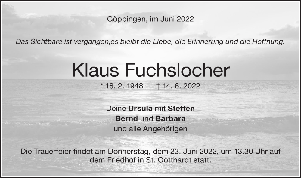  Traueranzeige für Klaus Fuchslocher vom 20.06.2022 aus NWZ Neue Württembergische Zeitung