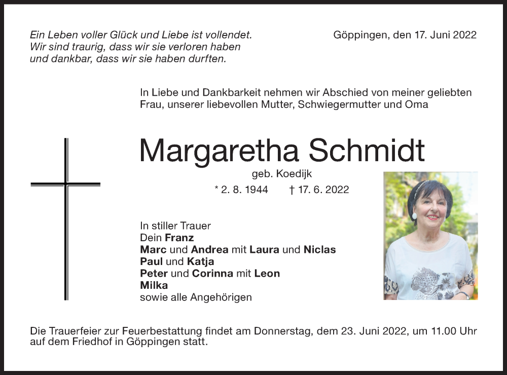  Traueranzeige für Margaretha Schmidt vom 21.06.2022 aus NWZ Neue Württembergische Zeitung