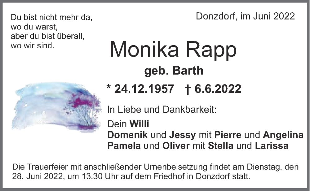  Traueranzeige für Monika Rapp vom 23.06.2022 aus NWZ Neue Württembergische Zeitung