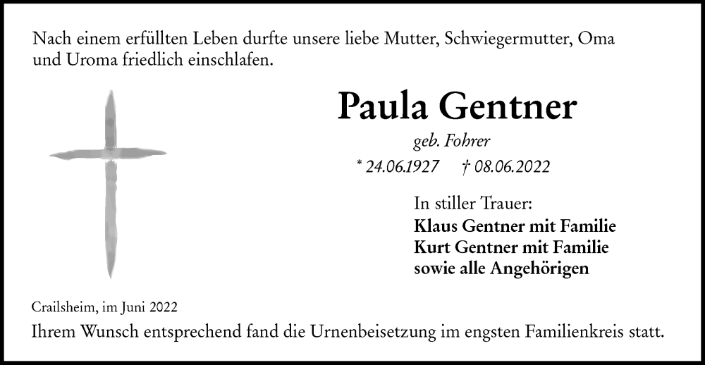  Traueranzeige für Paula Gentner vom 23.06.2022 aus Hohenloher Tagblatt