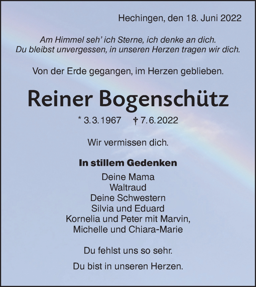  Traueranzeige für Reiner Bogenschütz vom 18.06.2022 aus Metzinger-Uracher Volksblatt