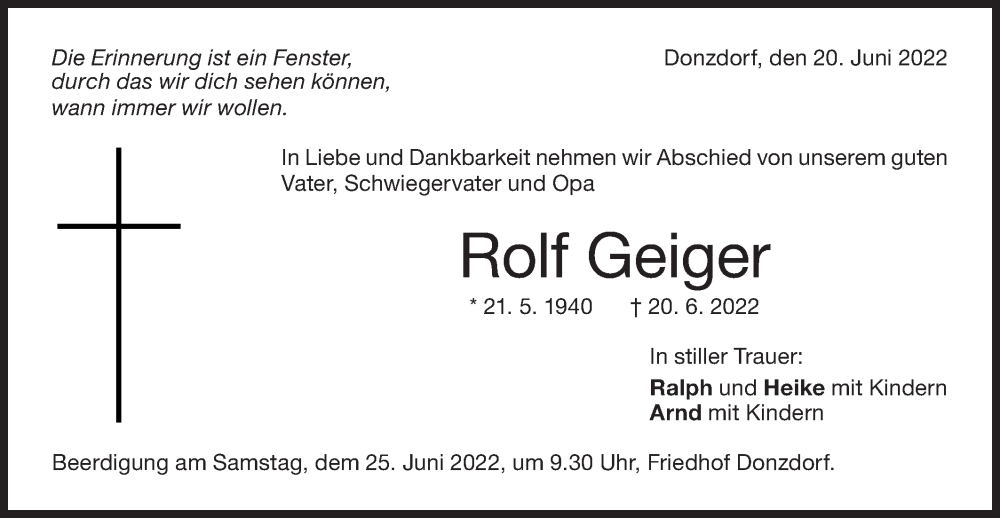  Traueranzeige für Rolf Geiger vom 22.06.2022 aus NWZ Neue Württembergische Zeitung