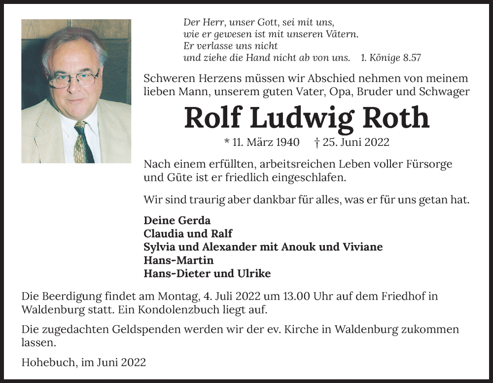  Traueranzeige für Rolf Ludwig Roth vom 30.06.2022 aus Haller Tagblatt