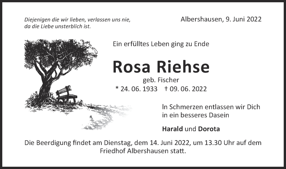  Traueranzeige für Rosa Riehse vom 11.06.2022 aus NWZ Neue Württembergische Zeitung