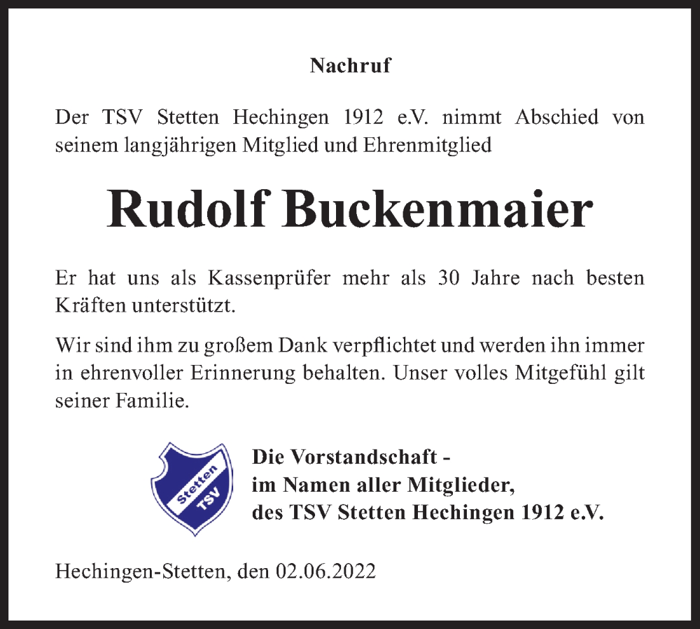  Traueranzeige für Rudolf Buckenmaier vom 02.06.2022 aus Metzinger-Uracher Volksblatt