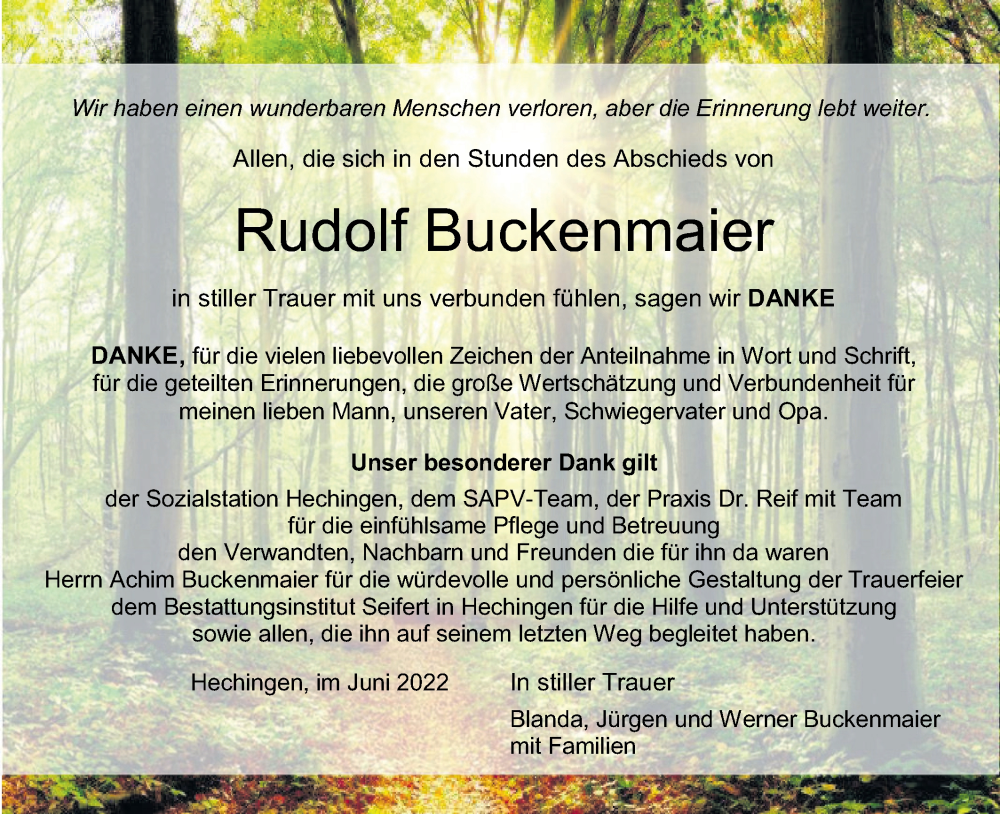  Traueranzeige für Rudolf Buckenmaier vom 04.06.2022 aus Metzinger-Uracher Volksblatt