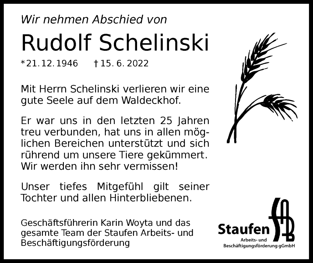  Traueranzeige für Rudolf Schelinski vom 23.06.2022 aus NWZ Neue Württembergische Zeitung