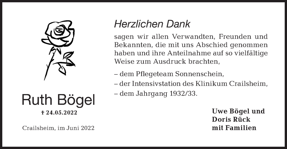  Traueranzeige für Ruth Bögel vom 23.06.2022 aus Hohenloher Tagblatt