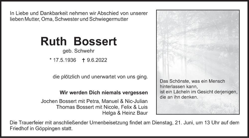  Traueranzeige für Ruth Bossert vom 14.06.2022 aus NWZ Neue Württembergische Zeitung