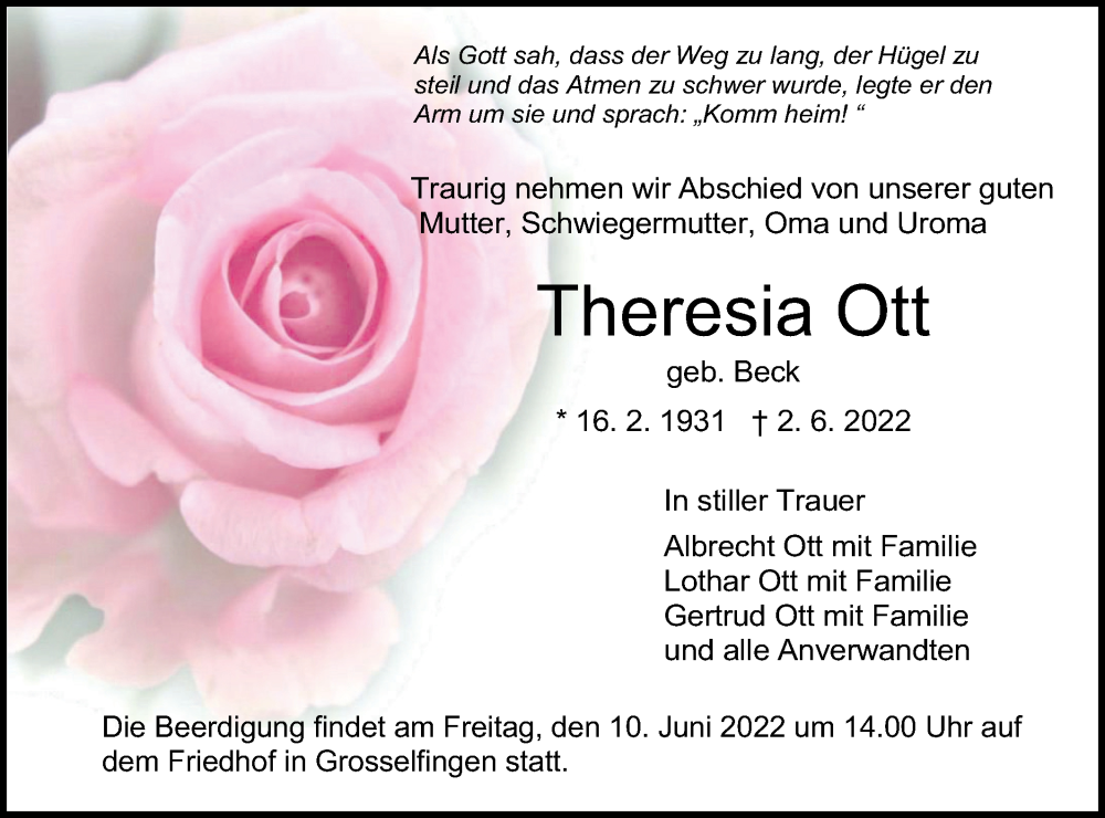  Traueranzeige für Theresia Ott vom 08.06.2022 aus Metzinger-Uracher Volksblatt