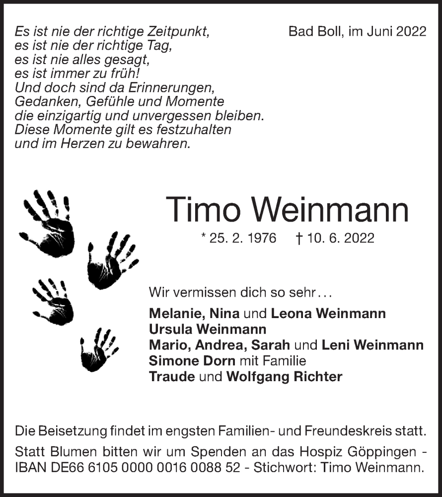  Traueranzeige für Timo Weinmann vom 18.06.2022 aus NWZ Neue Württembergische Zeitung