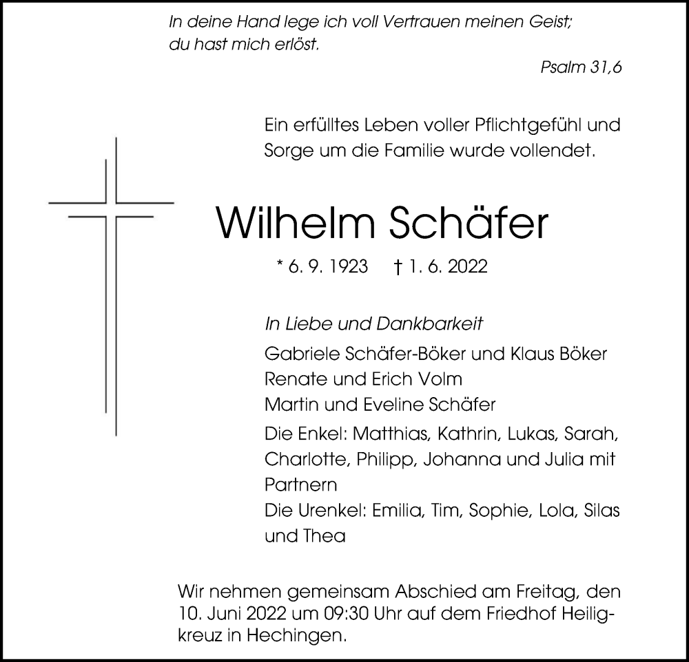  Traueranzeige für Wilhelm Schäfer vom 08.06.2022 aus Metzinger-Uracher Volksblatt