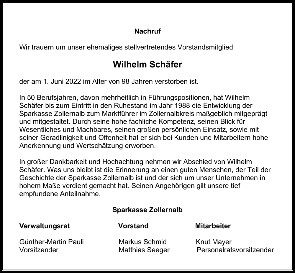  Traueranzeige für Wilhelm Schäfer vom 08.06.2022 aus Metzinger-Uracher Volksblatt