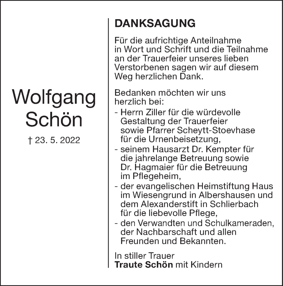  Traueranzeige für Wolfgang Schön vom 04.06.2022 aus NWZ Neue Württembergische Zeitung