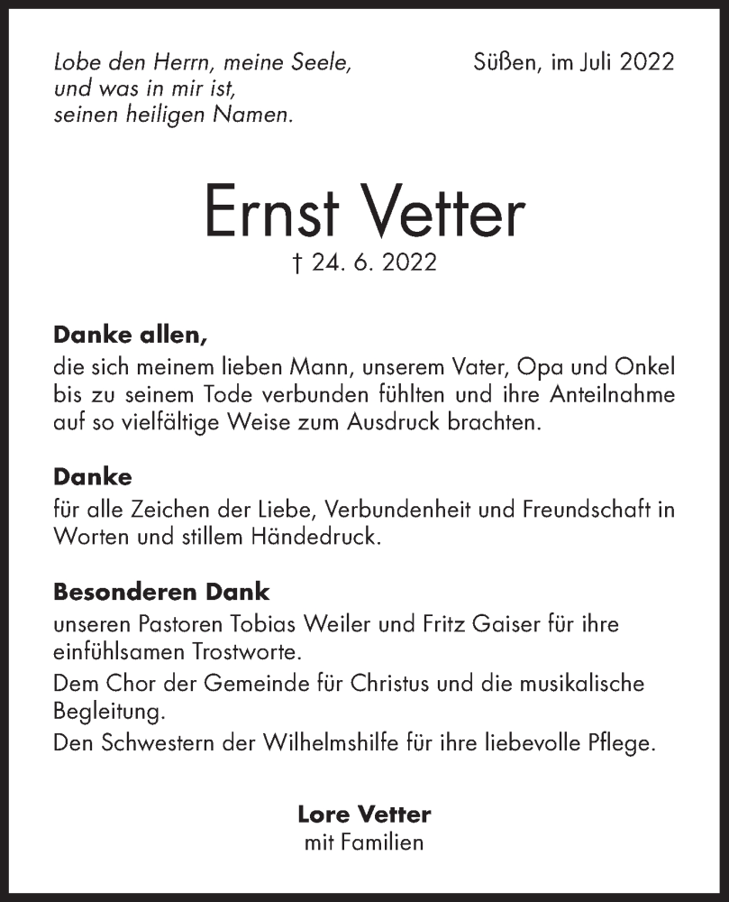  Traueranzeige für Ernst Vetter vom 16.07.2022 aus NWZ Neue Württembergische Zeitung