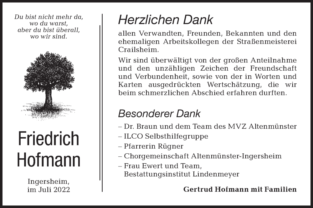  Traueranzeige für Friedrich Hofmann vom 16.07.2022 aus Hohenloher Tagblatt