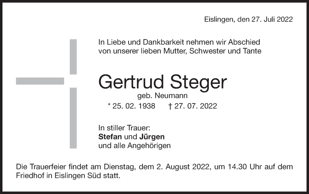  Traueranzeige für Gertrud Steger vom 30.07.2022 aus NWZ Neue Württembergische Zeitung