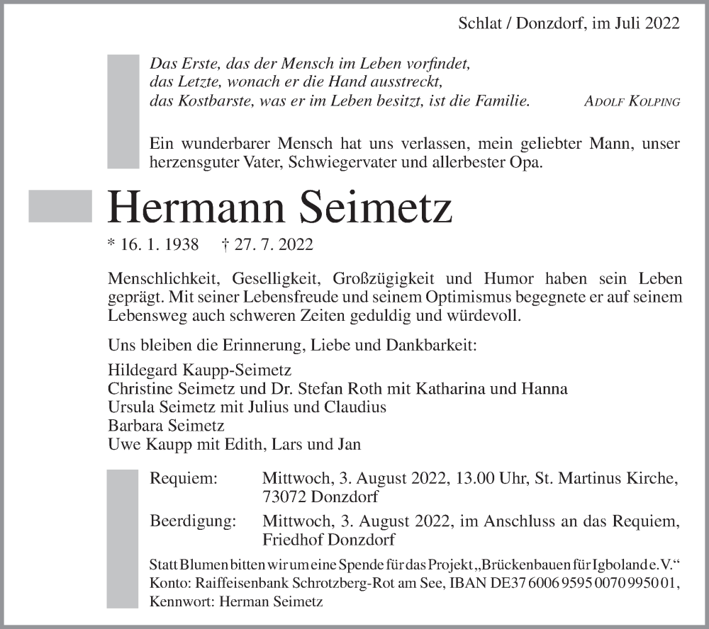  Traueranzeige für Hermann Seimetz vom 30.07.2022 aus NWZ Neue Württembergische Zeitung/Geislinger Zeitung