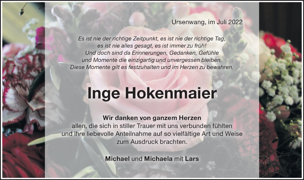  Traueranzeige für Inge Hokenmaier vom 02.07.2022 aus NWZ Neue Württembergische Zeitung