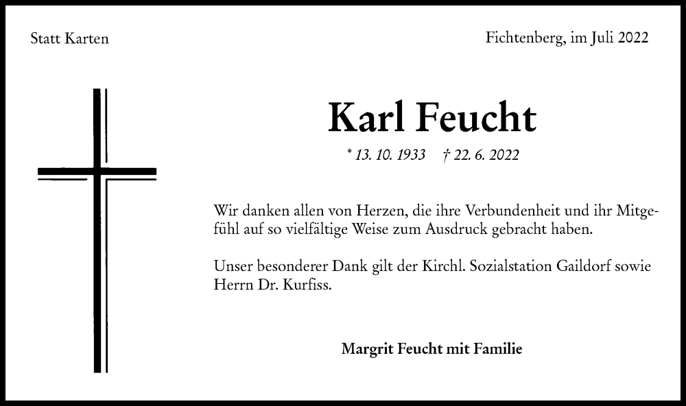  Traueranzeige für Karl Feucht vom 09.07.2022 aus Rundschau Gaildorf
