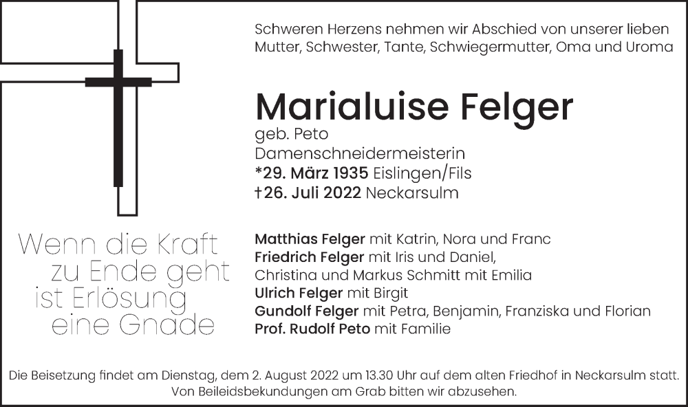  Traueranzeige für Marialuise Felger vom 30.07.2022 aus NWZ Neue Württembergische Zeitung