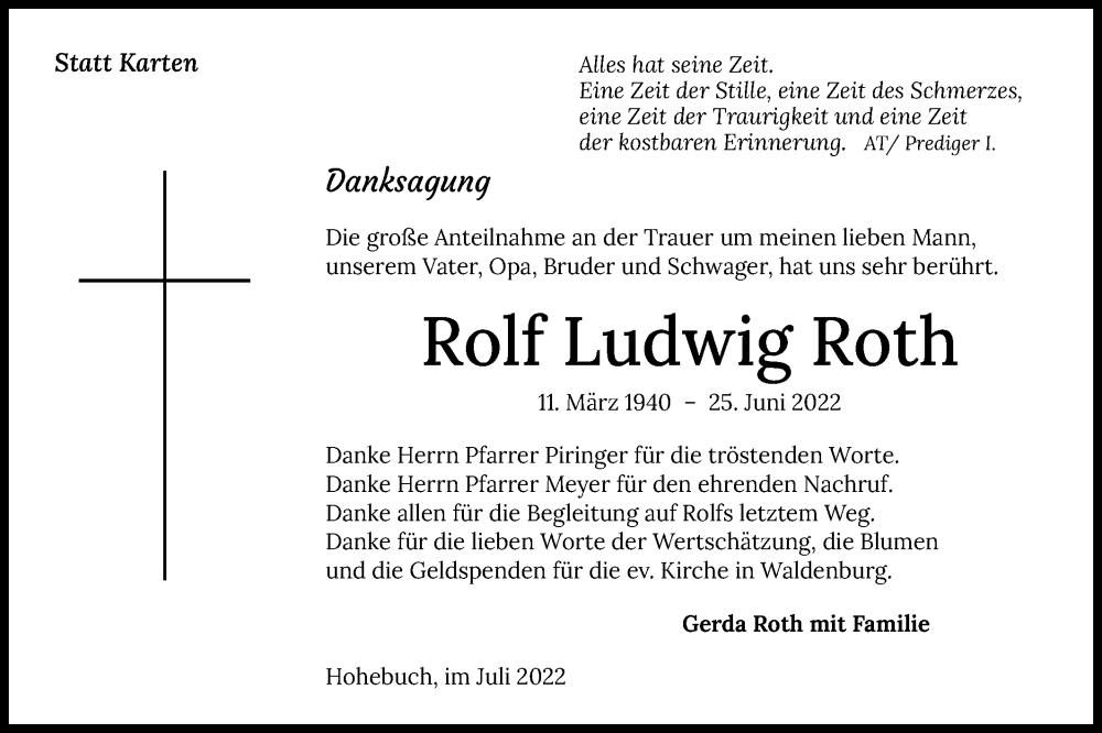  Traueranzeige für Rolf Ludwig Roth vom 20.07.2022 aus Haller Tagblatt