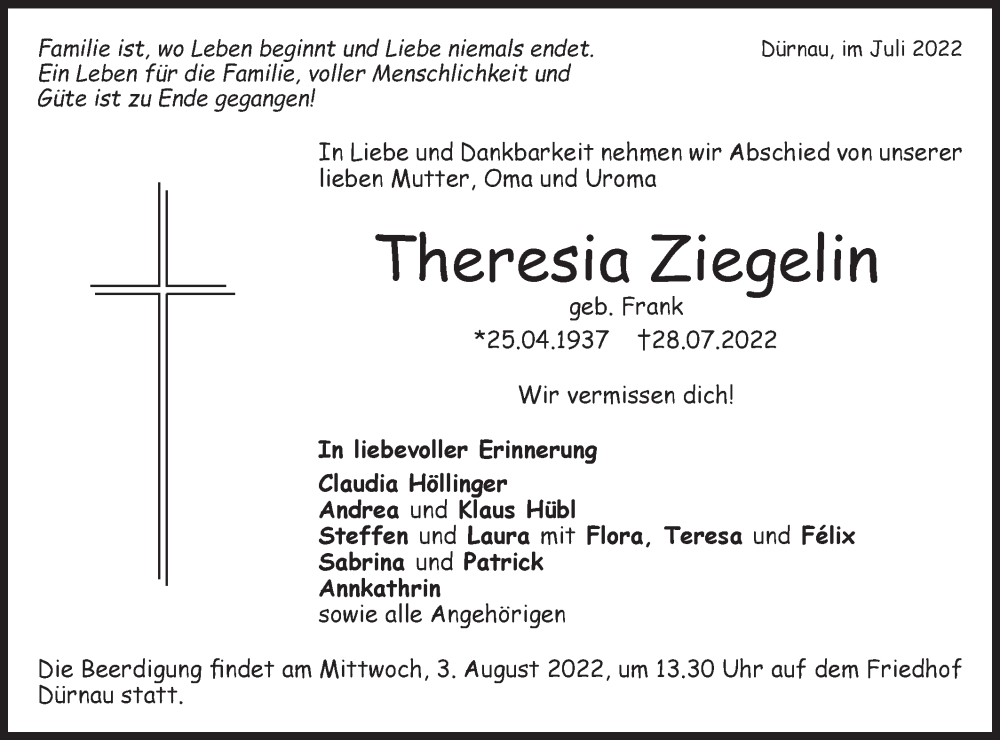  Traueranzeige für Theresia Ziegelin vom 30.07.2022 aus NWZ Neue Württembergische Zeitung