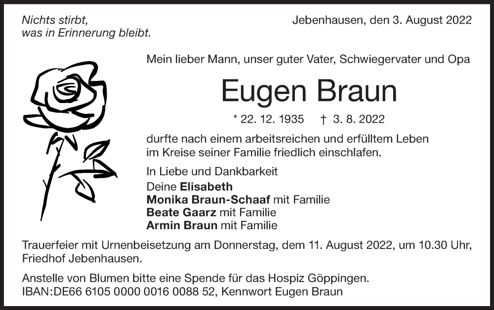  Traueranzeige für Eugen Braun vom 06.08.2022 aus NWZ Neue Württembergische Zeitung