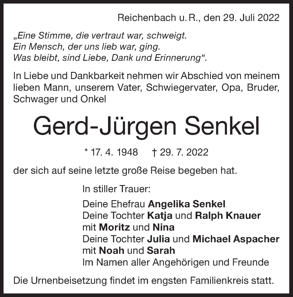  Traueranzeige für Gerd-Jürgen Senkel vom 06.08.2022 aus NWZ Neue Württembergische Zeitung