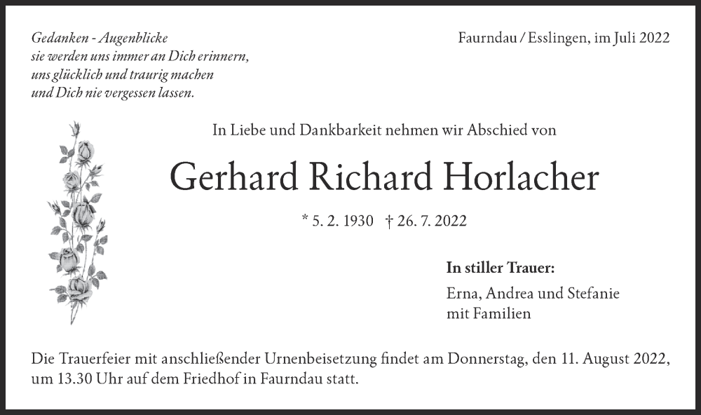  Traueranzeige für Gerhard Richard Horlacher vom 06.08.2022 aus NWZ Neue Württembergische Zeitung